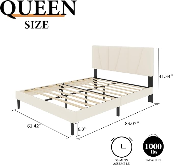 Queen Size Platform Bed Frame with Geometric Upholstered Headboard, Noise Free, Wooden Slats Support, No Box Spring Needed, Easy Assembly, Beige, Velvet