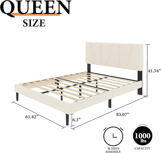 Queen Size Platform Bed Frame with Geometric Upholstered Headboard, Noise Free, Wooden Slats Support, No Box Spring Needed, Easy Assembly, Beige, Velvet