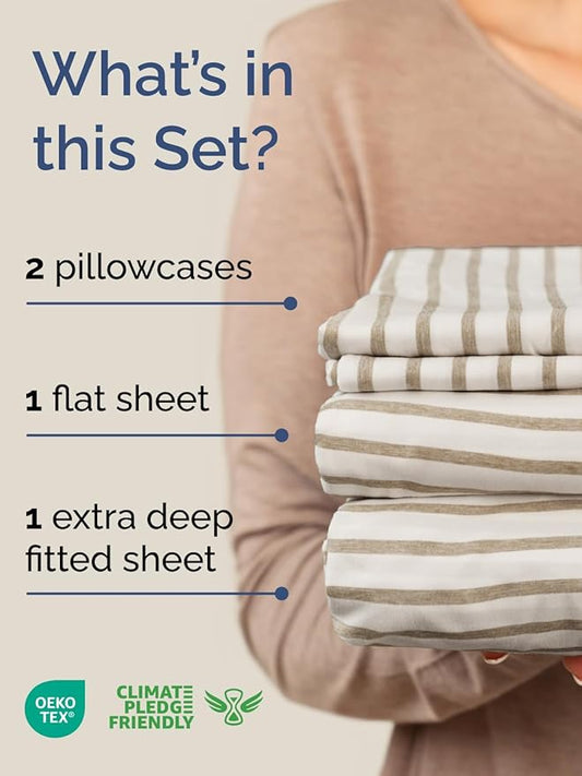 Extra Deep Pocket Cal King Sheets - 4 Piece Breathable & Cooling Bed Sheets - Hotel Luxury Bed Sheet Set - Soft, Wrinkle Free & Comfy - Easily Fits Extra Deep Mattresses - Beige Striped Sheets Set