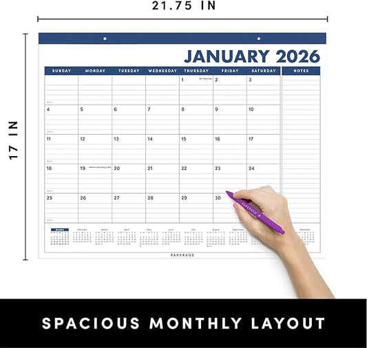 PAPERAGE 2026 Calendar, 12 Months (January 2026 - December 2026), Large (17 in x 22 in), Minimalist Wall and Desk Calendar with Monthly Views, Yearly Plans & Notes Section – Navy