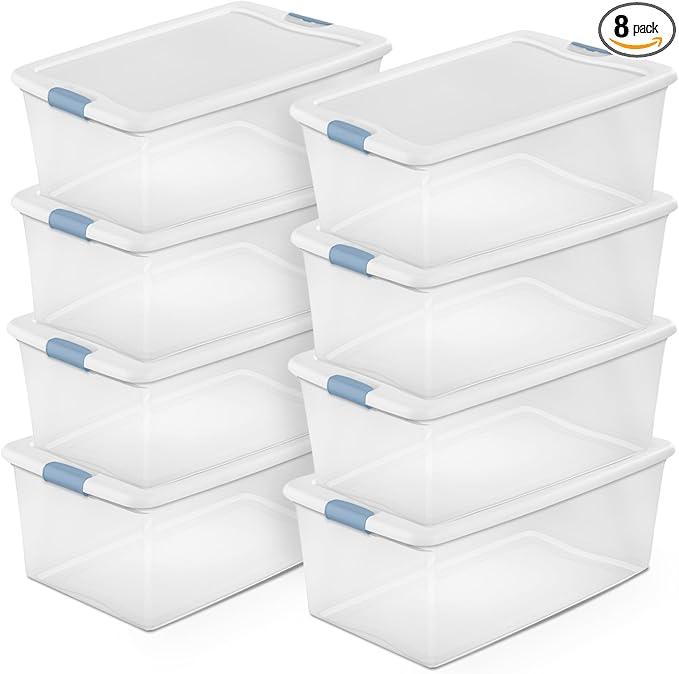 Sterilite 8-Pack Latching Box, Under Bed Storage Bins with Lids, Clear Plastic, 106 Quart - Heavy-Duty Organizing Containers for Closet, Bathroom, and Office