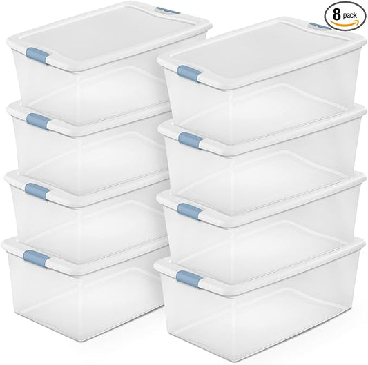 Sterilite 8-Pack Latching Box, Under Bed Storage Bins with Lids, Clear Plastic, 106 Quart - Heavy-Duty Organizing Containers for Closet, Bathroom, and Office