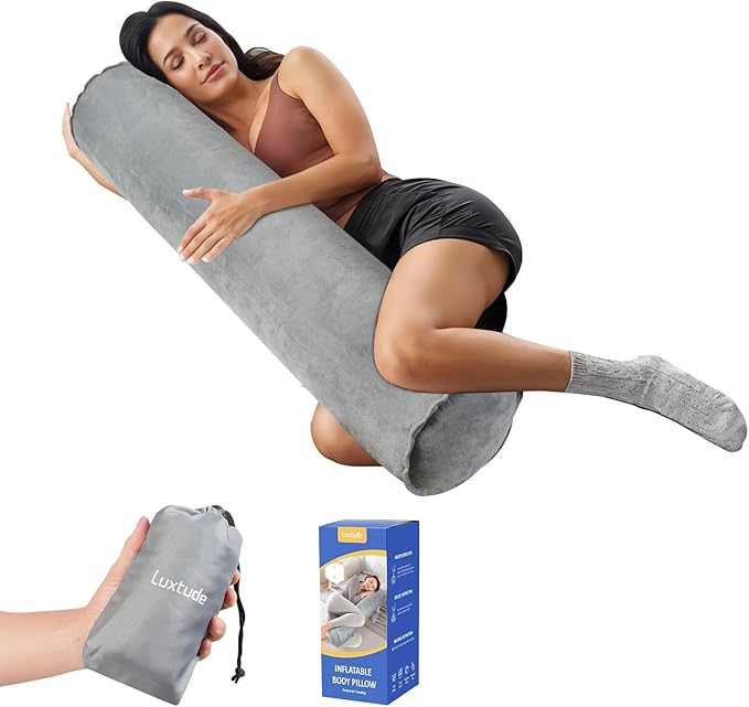 Luxtude Inflatable Body Pillow for Adults Kids, Travel Body Pillow with Soft Velvet, 35Inch Long Bolster Pillow for Bed, Round Cervical Roll Cylinder Pillow for Sleeping, Back, Neck etc.