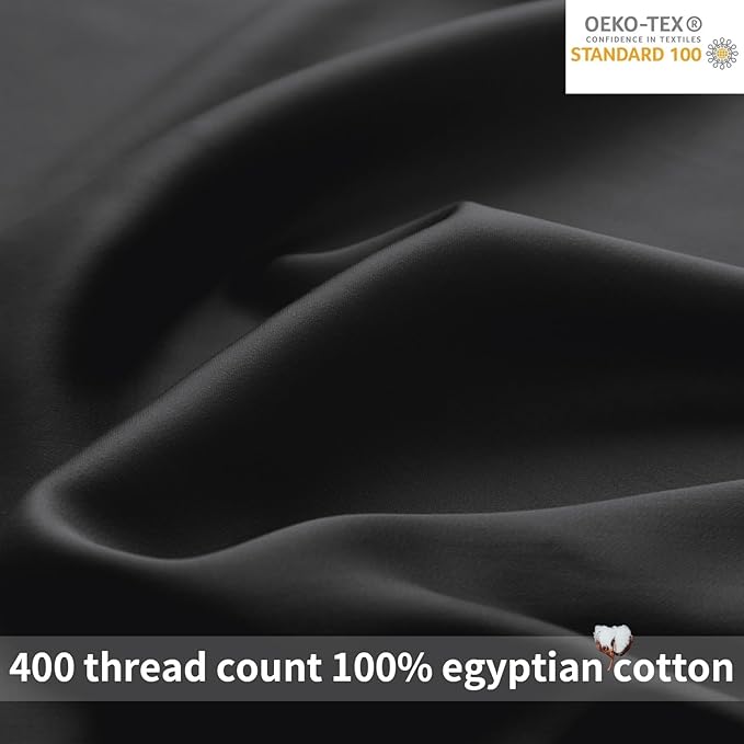 Black Duvet Cover Set Queen Size 100% Egyptian Cotton 3Pcs Home Bedding Set- 1 Duvet Cover with 2 Pillowcases, 400 Thread Count Super Soft Comforter Cover with Corner Ties(90x90 Inches, Black)