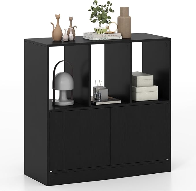 GOFLAME 3 Cube Bookcase with Doors, 3-Tier Cubby Book Shelf with 3 Open Compartments, Cabinet, Wooden Small Display Shelf, Freestanding Cubic Storage Organizer for Living Room, Study (1,Black)