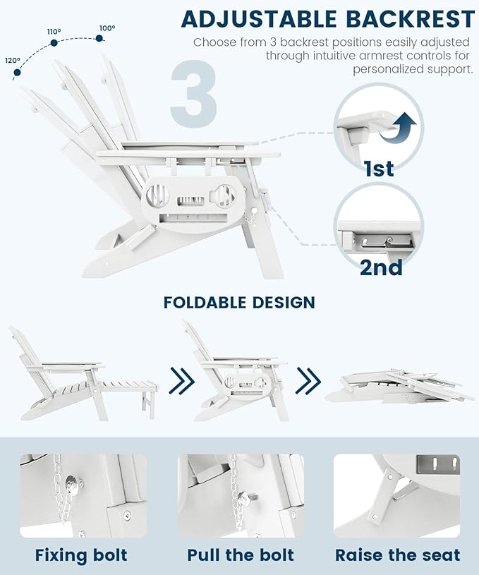 FOOWIN Folding Adjustable Adirondack Chair with Retractable Ottoman Set of 2,HDPE Adirondack Chair w/4 in 1 Cup Holder Trays,All-Weather Resistant Fire Pit Chair for Outdoor Patio Lawn, White