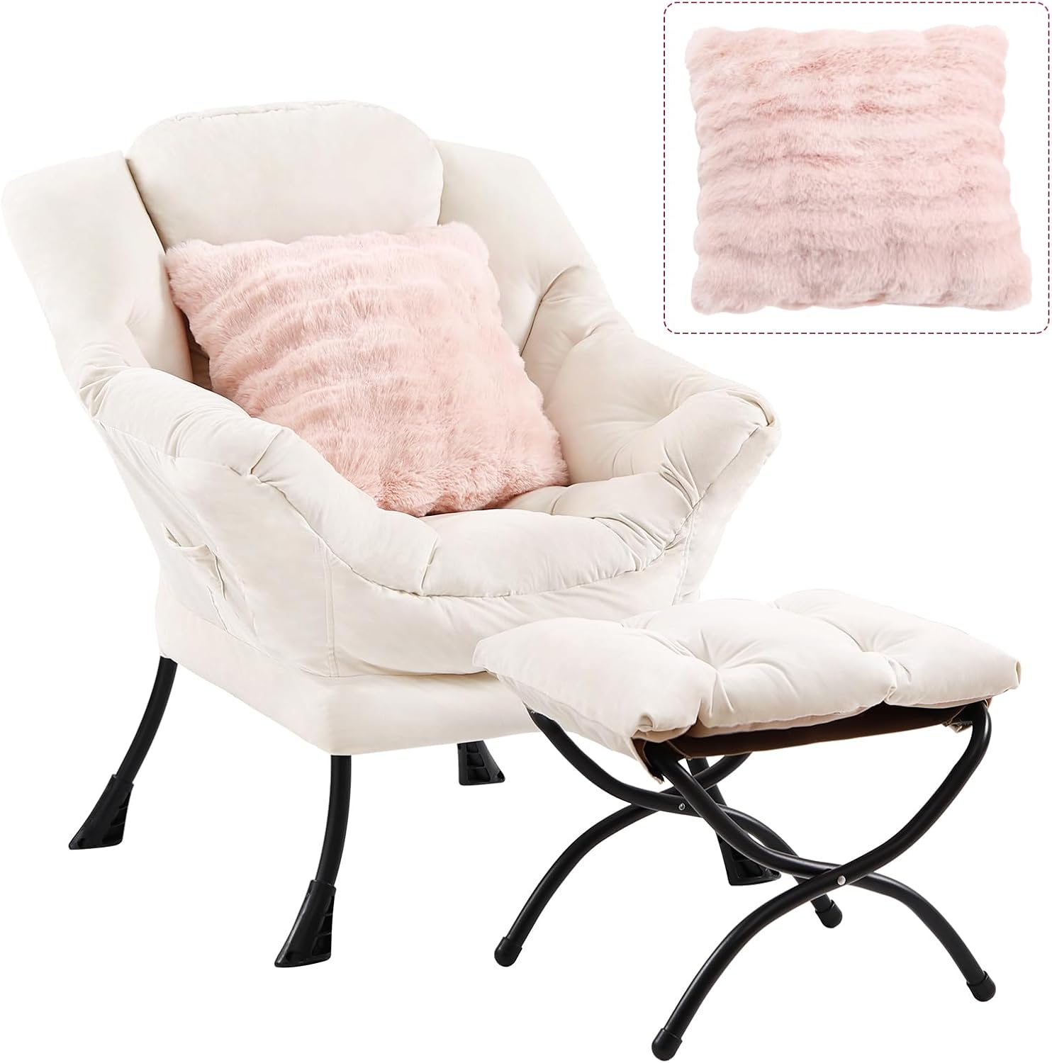 Lazy Chair with Ottoman, Large Pink Accent Chair with Ottoman and FA Throw Pillow, Comfy Plush Reading Chair for Living Room Bedroom Dorm Room Office Apartment Relaxing Use Dormly