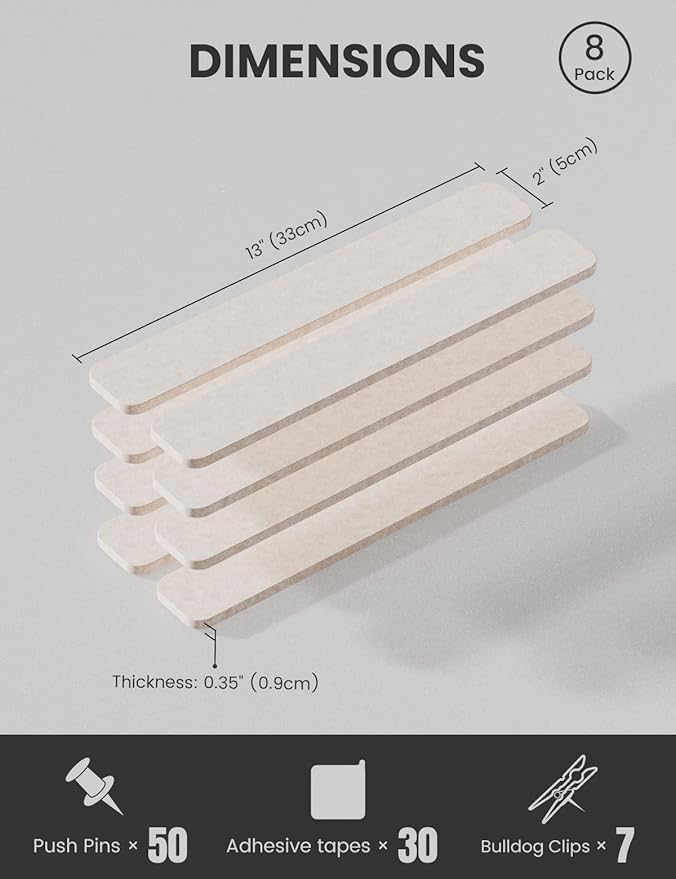 Cork Board Alternative Felt Strip Board 8-Pack 13"x2", Office Pin Board with 50 Push Pins, Adhesive Install for Bedroom Door & Home Office(Oatmeal)