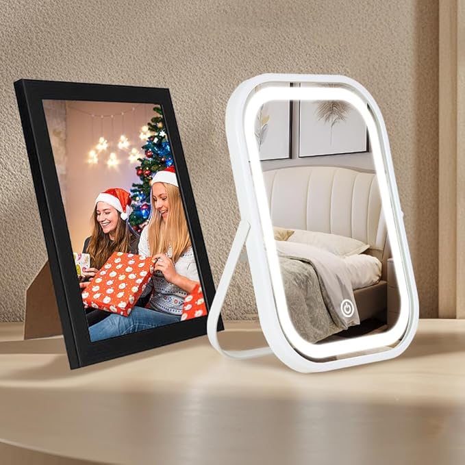 Travel Makeup Mirror with Lights, Portable Small Beauty LED Vanity Mirror with Lights, 1200mAh Battery, Dimmable Touch Screen, Tabletop Folding Compact Mirror,Women Gift