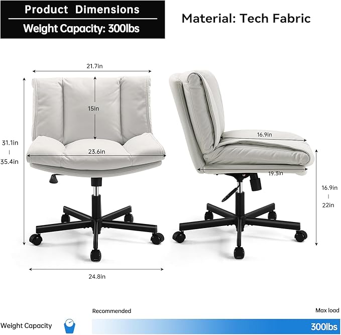 LEAGOO Criss Cross Chair with Wheels, Comfy Armless Desk Chairs with Tech Fabric, Wide Seat Cross Legged Office Chair, Height Adjustable Swivel Computer Task Chairs for Home Office, Bedroom, Make up
