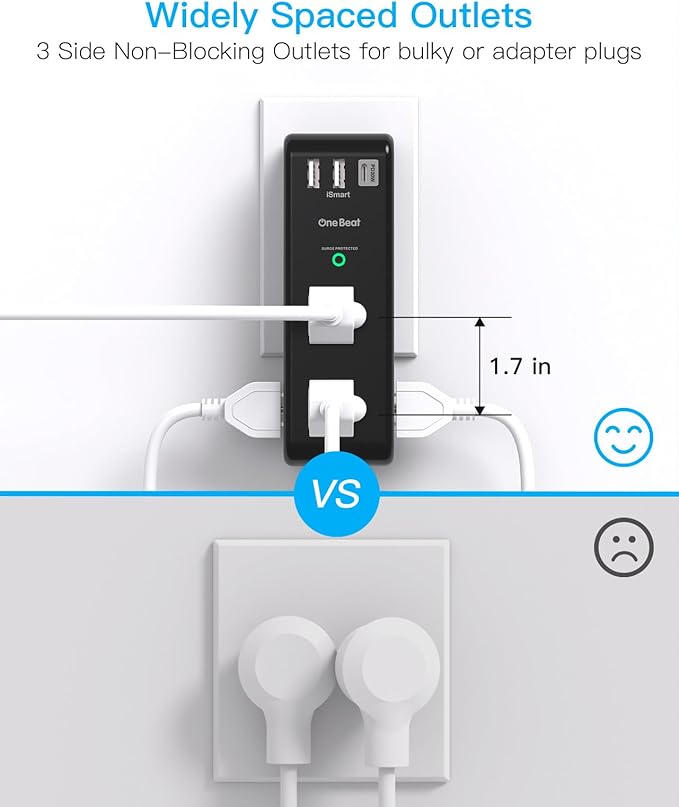 PD 30W Surge Protector Outlet Extender, Rotating Plug, One Beat 6 AC Multi Plug Outlet with 3 USB Ports (1 USB C), 1800J 3-Sided Swivel Power Strip, Spaced Outlet Splitter for Home Office Dorm - Black