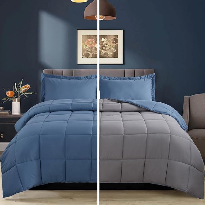 HIG 3pc Dusty Blue King Size Comforter Set - All Season Reversible Down Alternative Comforter with Sham - Quilted Duvet Insert with Corner Tabs - Box Stitched Blanket - Breathable, Soft, Fluffy