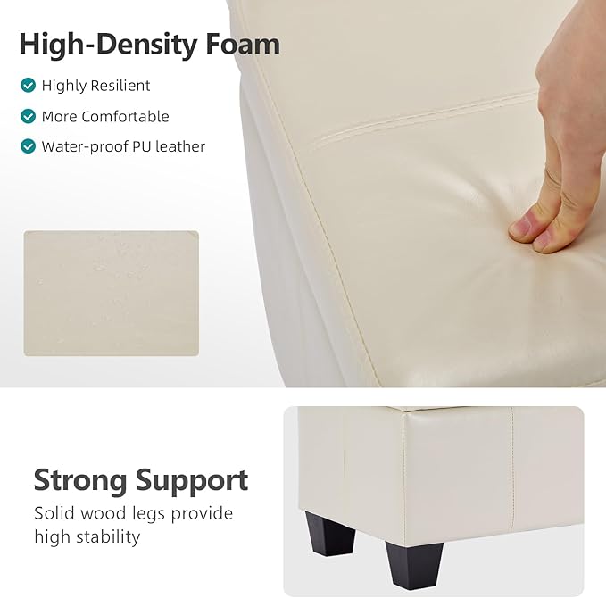 Faux Leather Ottoman with Storage, 42 Inch Rectangular Storage Ottoman Bench with Safety Hinged Lid, Large Upholstered End of Bench for Bedroom Entryway Living Room, Beige