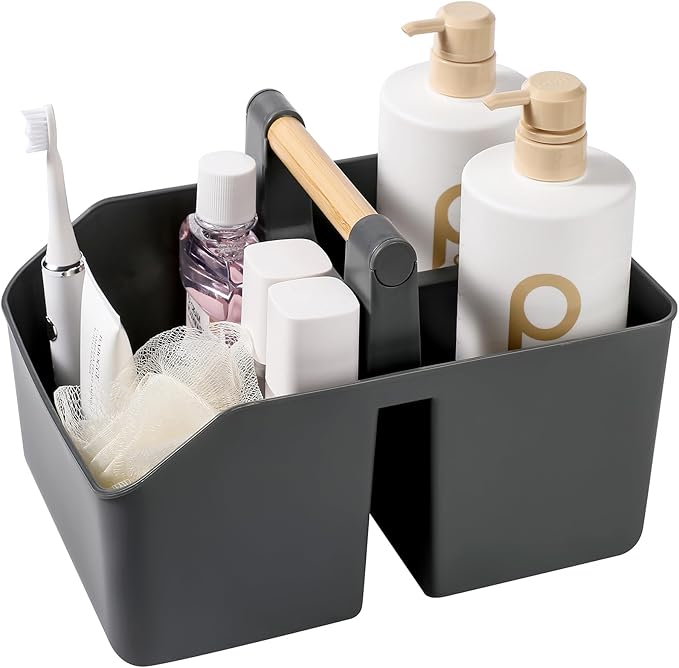 rejomiik Portable Shower Caddy Basket with Bamboo Handle, Plastic Cleaning Caddy Bathroom Organizer Tote for College Dorm Essentials, Bath Toy Storage, Dark Gray