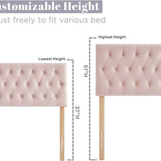 Kingfun Tufted Upholstered Queen Size Bed Headboard in Modern Button Design, Adjustable Solid Wood Head Board, Premium Velvet Fabric Padded Headboards in Bedroom (Pink)