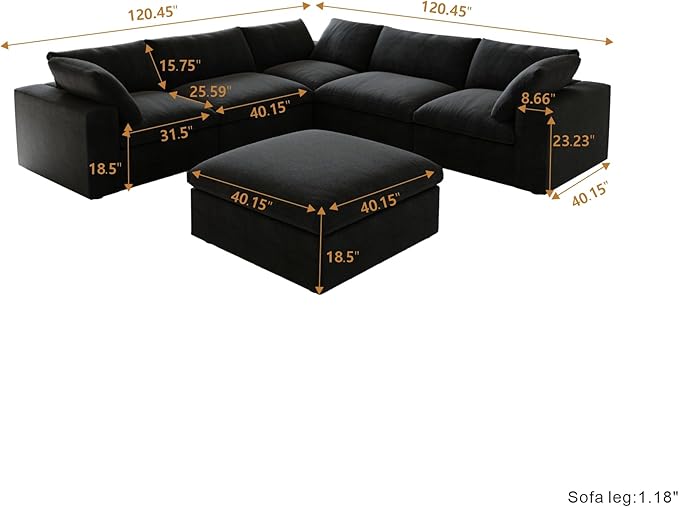 Cloud Couch Modular Sectional Sofa with Storage Ottoman,160.6" Down Filled 6 Seater Couch,V Shaped Oversized Convertible Sectional Sofa for Living Room,Covers Removable & Washable, Black