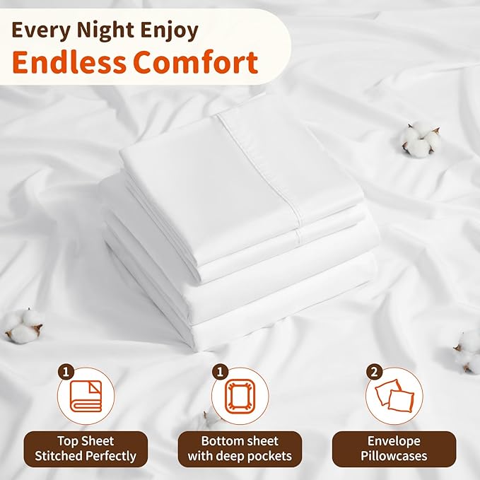 LBRO2M 1000 Thread Count 100% Cotton Sheets Set,King Size Bed Sheet 4 Piece Sets,Long Staple,16 Inches Deep Pocket,All Season,Bedding Super Soft Comforterble Breathable,Sateen Weave(White)