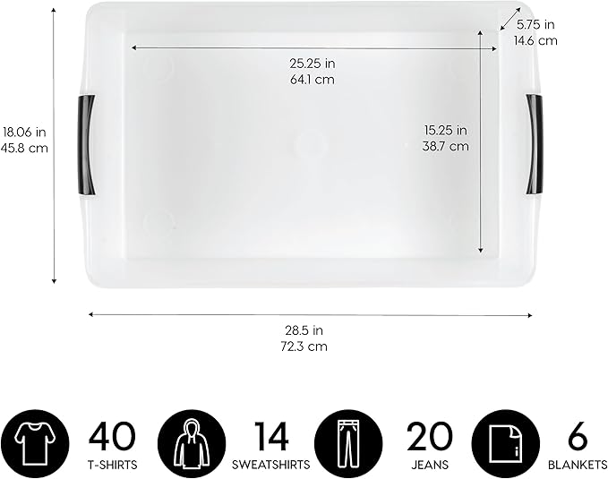 IRIS USA 40 Qt Plastic Under Bed Storage Nestable Organizer Bin Container with Secure Lids and Durable Buckles, 3-Pack, Under Bed Storage Containers for Clothes Shoes Bedding, Black/Clear