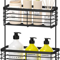 DELLAN 2-Tier Shower Hanging Caddy, Shower Rack with Hooks Over the Door, Stainless Steel Hanging Orangizer and Basket (Black)