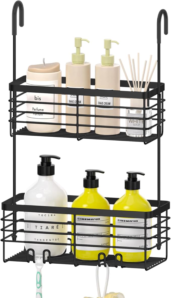 DELLAN 2-Tier Shower Hanging Caddy, Shower Rack with Hooks Over the Door, Stainless Steel Hanging Orangizer and Basket (Black)