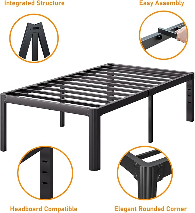 Askeld Bed Frame Twin, 16 Inch High Metal Platform Bed with Round Corner Leg, No Box Spring Needed, Heavy Duty Noise-Free Bed Base, Easy Assembly, Black