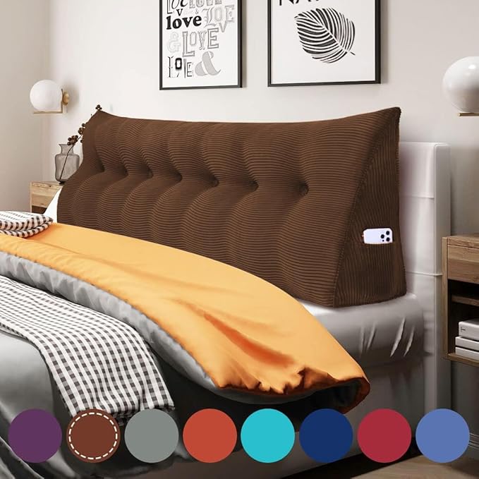 WOWMAX 100% Cotton Corduroy Headboard Pillow – King Size Back Support Reading Wedge for Bed & Daybed, Plush Handmade Bolster Cushion with Removable Cover, Cozy Bed Rest Pillow, Coffee
