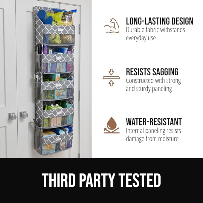GORILLA GRIP Large Capacity Closet Organizer, 5 Deep Shelves, Holds 50lbs, Over the Door Organizers 6 Mesh Pockets, Shelf Storage for Clothes Crafts Essentials, 3 Metal Hooks, 58x15 Inches, Quatrefoil