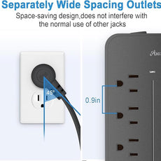 10FT Surge Protector Power Strip Extension Cord, Asamoom ETL Listed Flat Plug Power Strip with Long Cord, 8 Outlets and 3 USB A & 1 USB-C Port, 1700J Wall Mount Desk Black