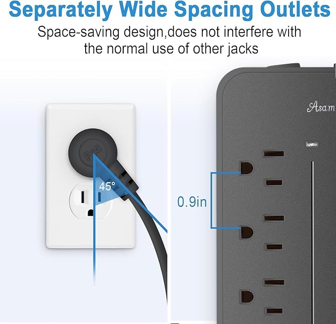 10FT Surge Protector Power Strip Extension Cord, Asamoom ETL Listed Flat Plug Power Strip with Long Cord, 8 Outlets and 3 USB A & 1 USB-C Port, 1700J Wall Mount Desk Black
