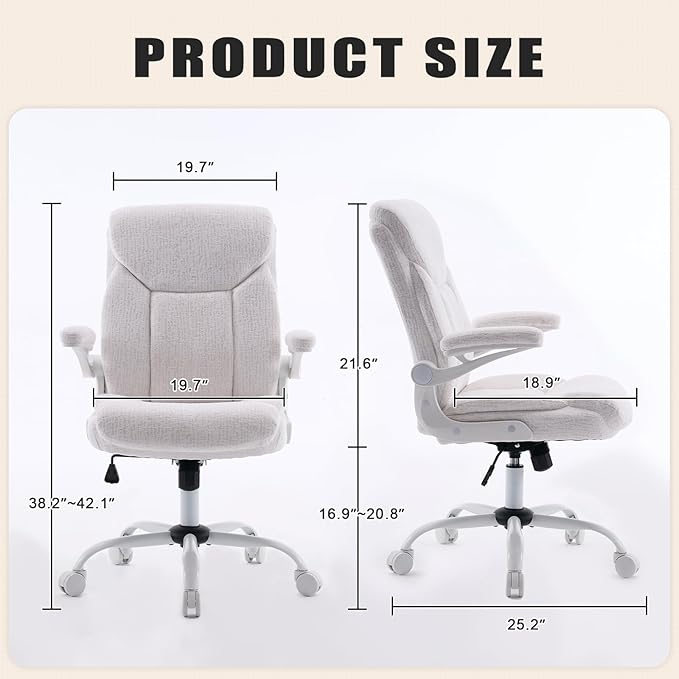 Executive Office Chair, Comfy Fabric Cloth Computer Chair Ergonomic Desk Chairs with Flip-up Armrests, Lumbar Support, 360° Swivel and Rocking Function for Home Office Chairs, White