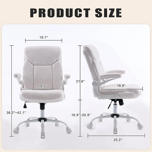 Executive Office Chair, Comfy Fabric Cloth Computer Chair Ergonomic Desk Chairs with Flip-up Armrests, Lumbar Support, 360° Swivel and Rocking Function for Home Office Chairs, White