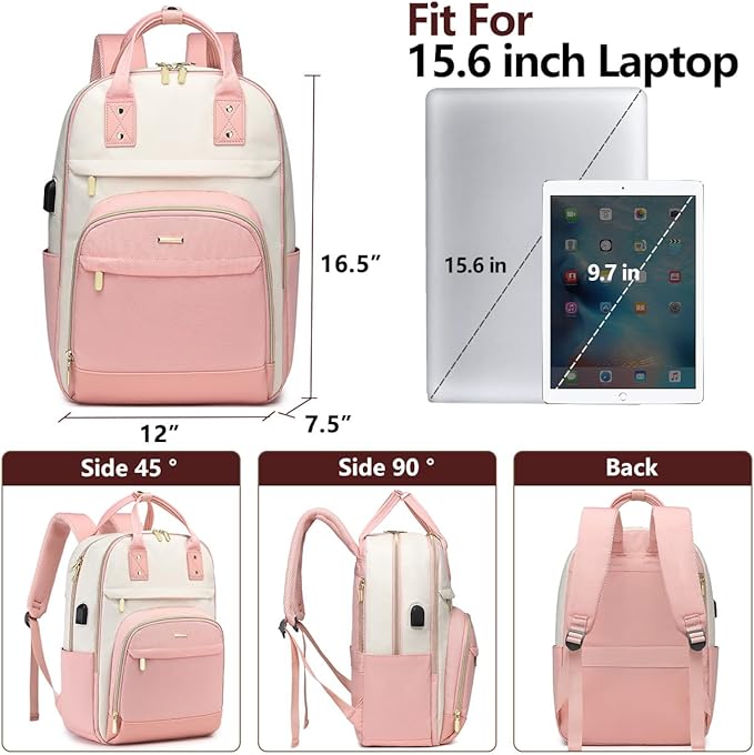 Laptop Backpack Women Work Bags - 15.6 inch Travel Backpack with USB Charger College Bookbag Waterproof Business Computer Backpack Anti-theft Casual Work Backpacks for Women Nurse Teacher Beige-Pink