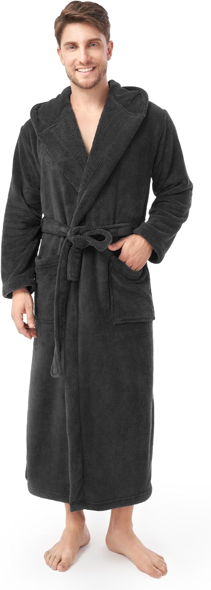 DAVID ARCHY Men's Hooded Robe Soft Coral Fleece Microfiber Bathrobe
