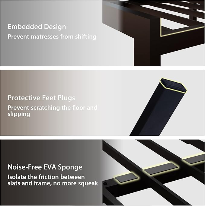 Feonase Full Size Metal Bed Frame with Faux Leather Button Tufted Headboard, Heavy-Duty Platform Bed Frame with 12" Storage, Steel Slats Support, No Box Spring Needed, Noise Free, Black