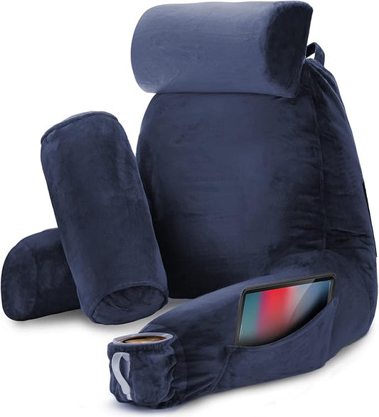Nestl Reading Pillow with Shredded Memory Foam Includes 2 Neck and Lumber Support Pillows, Designed for Sitting Up in Bed and Couch, Back and Arms Adjustable Support for Adult & Teens, Navy Blue