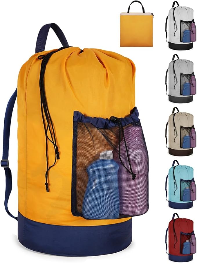 Laundry Bag with Shoulder Straps and Mesh Pocket Laundry Backpack Large Portable Laundry Hamper for College Laundromat Apartment