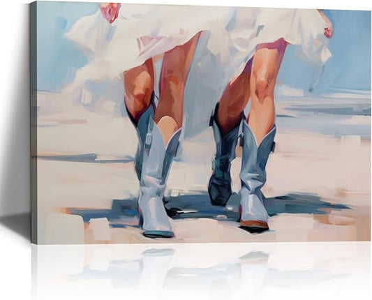 Cowgirl Boots Wall Decor, Girly Western Paintings for Apartment, Trendy Western Cowboy Boot Painting Girls Aesthetic Canvas Prints Cowboy Boot Wall Art Prints for Teen Girls Bedroom Framed 16x24 in