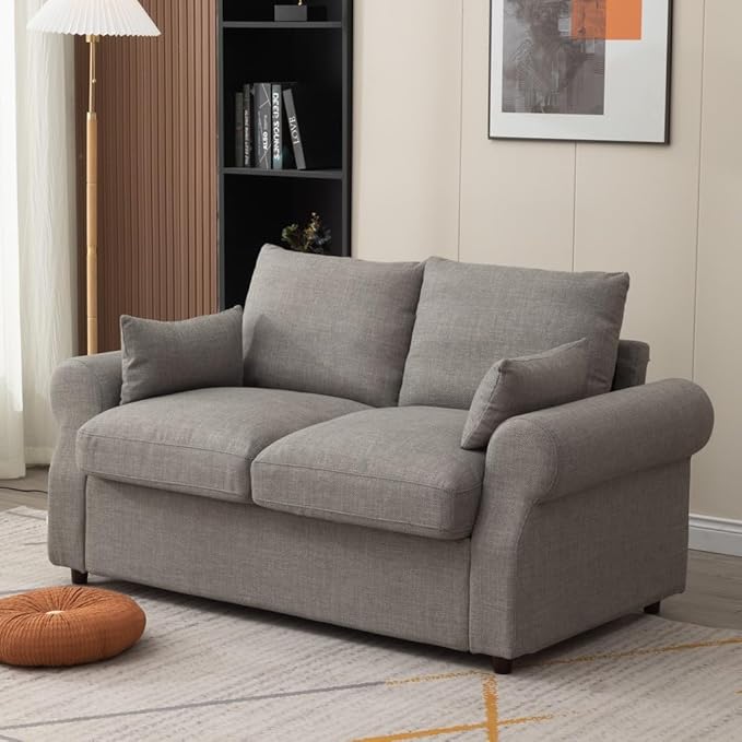 Panana Modern 2 and 3 Seats Loveseat Sofa Couch with Storage, Small Love Seat Couches for Living Room, Bedroom, Apartment, Office (Light Gray Linen Fabric, Scroll Arm - 2 Seater)