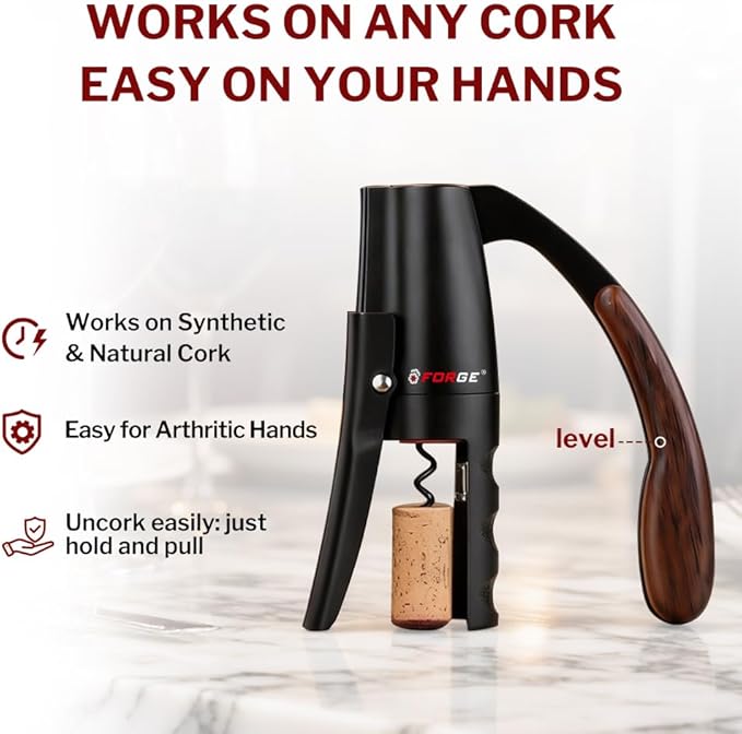 Forge Quality Compact Vertical Lever Corkscrew Wine Opener with Foil Cutter. 3 Seconds to Open a Bottle of Wine. Black.