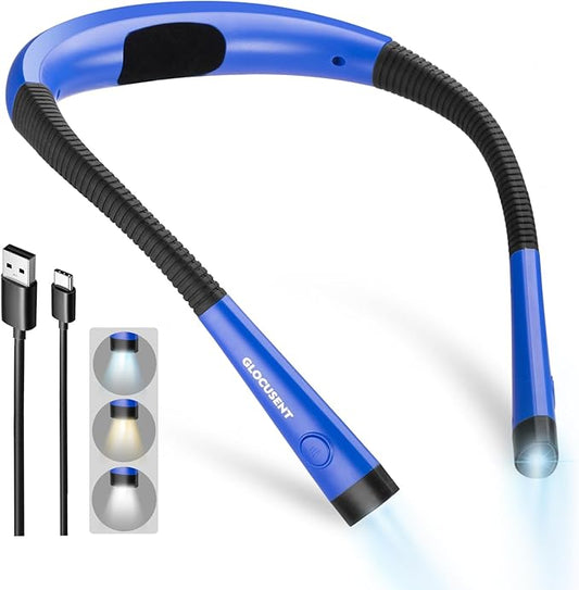 Glocusent Book Light, 3-Color & 6-Brightness Reading Light, Bendable Neck Light, 80-hr Lasting Rechargeable Book Light, Perfect Reading Lights for Books in Bed, Knitting, Repairing, Book Lovers Gifts