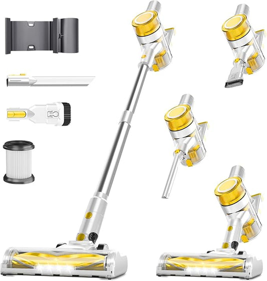 Cordless Vacuum Cleaner, 35Kpa Vacuum Cleaner for Home, 45Mins Stick Vacuum with LED Display, Anti-Tangle & Wall Mount Charging, 6 in 1 Lightweight Vacuum for Hard Floors, Carpet, Pet Hair (yellow)