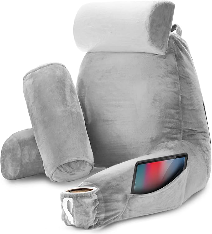 Nestl Reading Pillow with Shredded Memory Foam Includes 2 Neck and Lumber Support Pillows, Designed for Sitting Up in Bed and Couch, Back and Arms Adjustable Support for Adult & Teens, Light Grey
