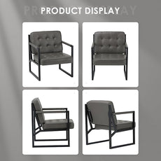 COLAMY Accent Chairs Set of 2, Modern Accent Arm Chairs for Living Room, Comfy Leather Armchairs with Metal Legs for Bedroom Reception Room, Grey