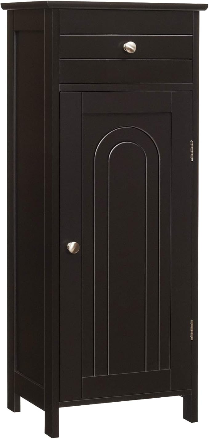 Tangkula Bathroom Floor Cabinet, Wooden Side Storage Cabinet, Freestanding Single Door Bathroom Cabinet with Large Drawer & 2 Adjustable Shelves for Living Room Kitchen (Brown)