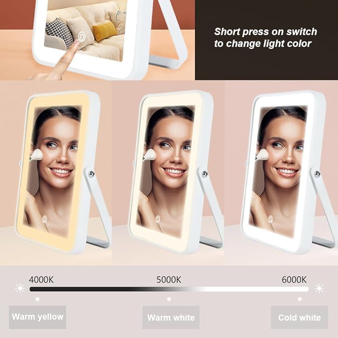 Rechargeable Vanity Mirror with Lights,Desk Makeup Mirror with Lights,Portable Travel for Makeup Desk ＆ Dressing Room,3 Color Lighting, Dimmable Touch Screen