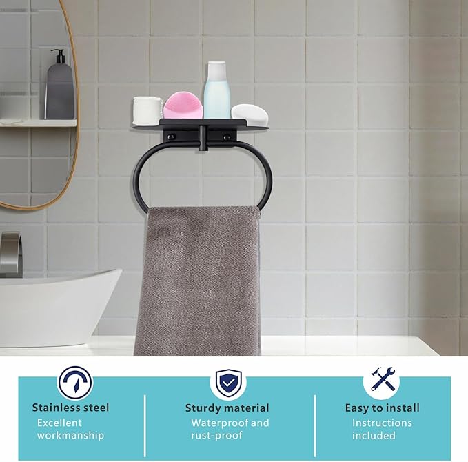 Towel Ring with Shelf, Heavy Duty Stainless Steel Bathroom Hardware, Adhesive No-Drill or Drill Mount Wall Mounted Towel Holder for Bathroom and Kitchen (Black)