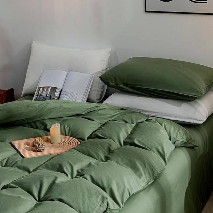JELLYMONI Green Duvet Cover Twin Size - 100% Washed Cotton Linen Feel Textured Comforter Cover, 2 Pieces Breathable Soft Bedding Set with Zipper Closure (Green, Twin 68"x90")