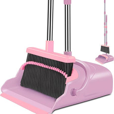 kelamayi Broom and Dustpan Set for Home, Office, Indoor&Outdoor Sweeping, Stand Up Broom and Dustpan (Pink)