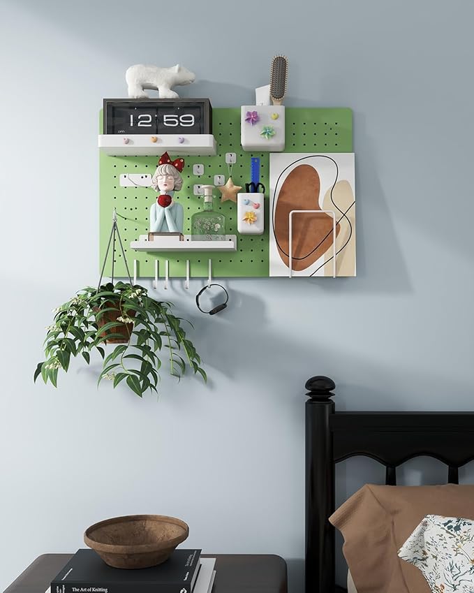 Metal Pegboard Kit — Carbon Steel Pegboards with 26 Accessories, Pegboard Wall Organizer for Home, Office, Study Room, Kitchen, Craft Room & Gaming Setup— 24″ × 16″ Green Peg Board