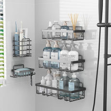 5 Pack Shower Caddy Organizer Rack Shelf for Inside Shower, Self Adhesive Bathroom Wall Storage Basket Rustproof Stainless Steel Large Capacity Shampoo Holder, Dark Grey